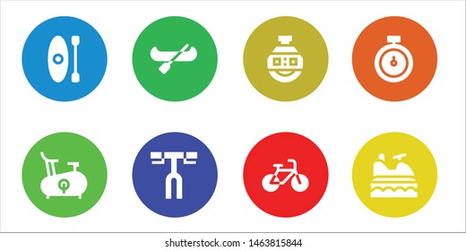 race icon set. 8 filled race icons.  Collection Of - Kayak, Bike, Canoe, Handlebar, Stopclock, Bicycle, Stopwatch, Jet ski