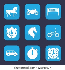 Race icon. set of 9 filled race icons such as horse, motorbike, bicycle, stopwatch, car