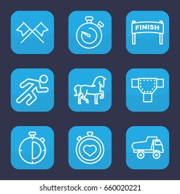 Race icon. set of 9 outline race icons such as horse, road, toy car, stopwatch, running, crossed flags