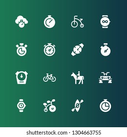 race icon set. Collection of 16 filled race icons included Chronometer, Kayak, Bicycle, Watch, Quad, Horseback, Stopwatch