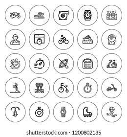 Race icon set. collection of 25 outline race icons with bmx, bicycle, bike, canoe, chronometer, cyclist, parachutist, pistons, rowing, stopclock icons. editable icons.