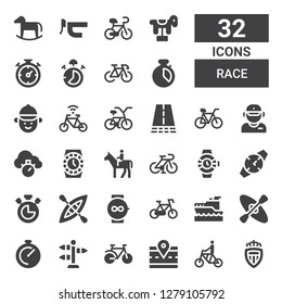 race icon set. Collection of 32 filled race icons included Monaco, Bicycle, Road, Bike, Street, Chronometer, Kayak, Yatch, Watch, Watches, Horseback, Salesman, Jockey, Stop watch