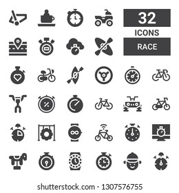race icon set. Collection of 32 filled race icons included Stop watch, Jockey, Stopwatch, Watch, Chronometer, Horse, Stopclock, Bicycle, Tire, Quad, Handlebar, Bike, Racing, Kayak