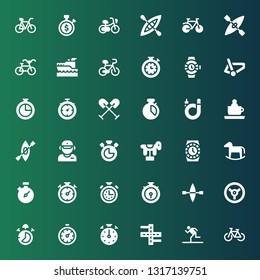 race icon set. Collection of 36 filled race icons included Bicycle, Running, Street, Stopclock, Stop watch, Racing, Kayak, Chronometer, Stopwatch, Horse, Watch, Salesman, Ride