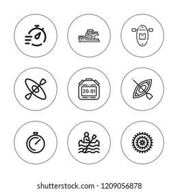 Race icon set. collection of 9 outline race icons with bicycle, canoe, chronometer, kayak, stopwatch icons. editable icons.