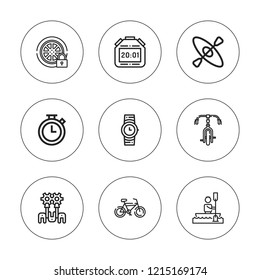 Race icon set. collection of 9 outline race icons with bicycle, bike, canoeing, chronometer, kayak, pistons, stopwatch, tyre icons. editable icons.