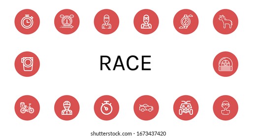 race icon set. Collection of Chronometer, Speed, Swimmer, Watch, Horse, Bicycle, Racer, Stopwatch, Racing car, All terrain, Paddle, Tyre icons