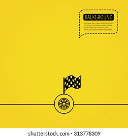 Race icon. Wheel with racing flag sign. Speech bubble of dotted line. Orange background. Vector
