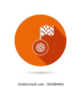 Race icon. Wheel with racing flag sign. Round orange web button with shadow.