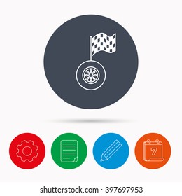 Race icon. Wheel with racing flag sign. Calendar, cogwheel, document file and pencil icons.