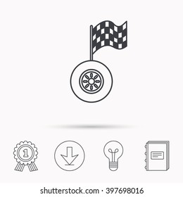 Race icon. Wheel with racing flag sign. Download arrow, lamp, learn book and award medal icons.