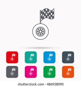 Race icon. Wheel with racing flag sign.