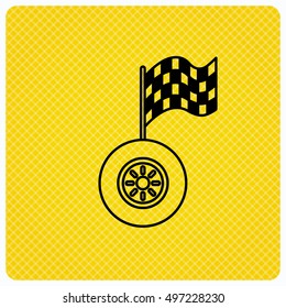 Race icon. Wheel with racing flag sign. Linear icon on orange background. Vector