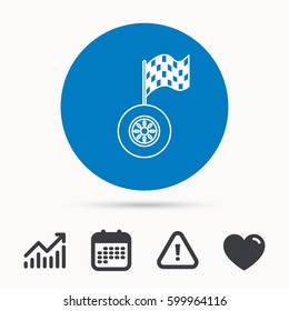 Race icon. Wheel with racing flag sign. Calendar, attention sign and growth chart. Button with web icon. Vector