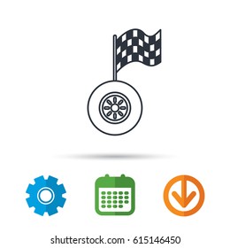 Race icon. Wheel with racing flag sign. Calendar, cogwheel and download arrow signs. Colored flat web icons. Vector
