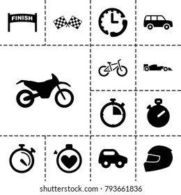 Race icons. set of 13 editable filled race icons such as toy car, stopwatch, finish, finish flag, helmet, motorbike, sport car, car