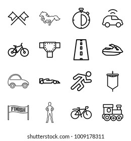 Race icons. set of 16 editable outline race icons such as road, train toy, bicycle, running, jet ski, sport car, crossed flags, car, stopwatch, sail, horse, toy car