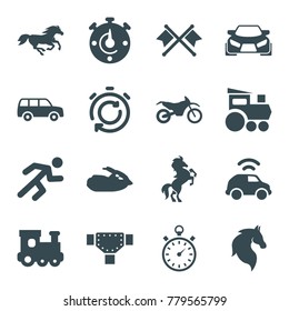 Race icons. set of 16 editable filled race icons such as horse, train toy, running, stopwatch, jet ski, motorbike, crossed flags, car
