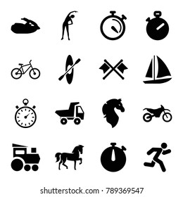 Race icons. set of 16 editable filled race icons such as horse, exercising, stopwatch, running, jet ski, bicycle, motorbike, rowing, crossed flags, train toy, toy car