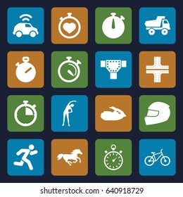 Race icons set. set of 16 race filled icons such as horse, road, toy car, exercising, stopwatch, running, helmet, jet ski, bicycle