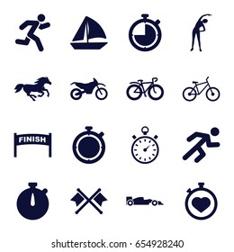 Race icons set. set of 16 race filled icons such as horse, exercising, sailboat, stopwatch, bicycle, running, motorbike, sport car, crossed flags