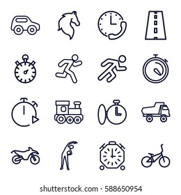 race icons set. Set of 16 race outline icons such as horse, toy car, train toy, exercising, stopwatch, road, running, motorbike