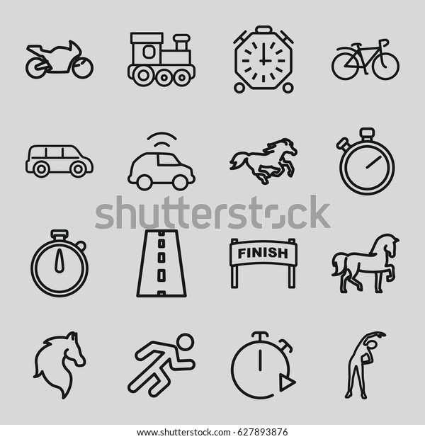 Race icons set. set of 16 race outline icons\
such as horse, train toy, exercising, bicycle, road, running, car,\
stopwatch, motorbike