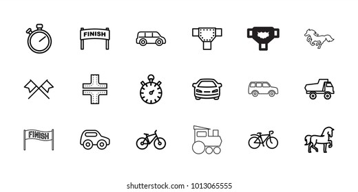 Race icons. set of 18 editable outline race icons: horse, road, toy car, car, stopwatch, finish, bicycle, crossed flags