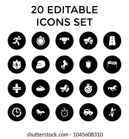 Race icons. set of 20 editable filled race icons such as horse, road, toy car, stopwatch, running, helmet, jet ski, rowing, sail. best quality race elements in trendy style.