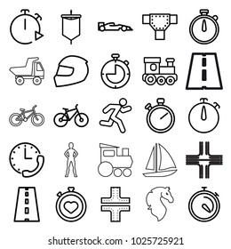 Race icons. set of 25 editable outline race icons such as road, train toy, stopwatch, running, helmet, bicycle, sport car, sail, horse, toy car, exercising