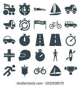 Race icons. set of 25 editable filled race icons such as road, toy car, stopwatch, sailboat, bicycle, running, helmet, sport car, rowing, sail, train toy, exercising, finish