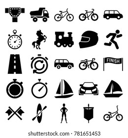 Race icons. set of 25 editable filled race icons such as road, train toy, toy car, sailboat, car, bicycle, running, stopwatch, helmet, rowing, crossed flags, sail, horse