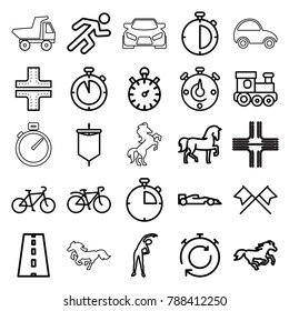 Race icons. set of 25 editable outline race icons such as horse, road, train toy, exercising, bicycle, running, stopwatch, sport car, crossed flags, sail, toy car