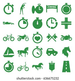 Race icons set. set of 25 race filled icons such as horse, road, toy car, exercising, sailboat, stopwatch, motorbike, sport car, bicycle, sail, crossed flags