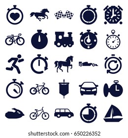 Race icons set. set of 25 race filled icons such as horse, train toy, car, sailboat, stopwatch, bicycle, running, finish flag, jet ski, sport car
