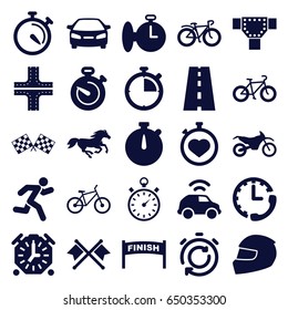 Race icons set. set of 25 race filled icons such as horse, road, car, stopwatch, bicycle, running, finish flag, helmet, motorbike, crossed flags