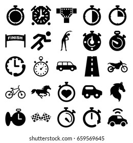 Race icons set. set of 25 race filled icons such as horse, road, toy car, exercising, stopwatch, running, finish flag, bicycle, motorbike, car