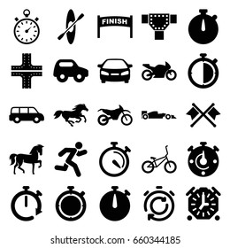 Race icons set. set of 25 race filled icons such as horse, road, toy car, car, stopwatch, running, motorbike, sport car, bicycle, rowing, crossed flags