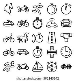 race icons set. Set of 25 race outline icons such as horse, road, car, bicycle, running, stopwatch, finish flag, jet ski, motorbike