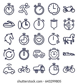 Race icons set. set of 25 race outline icons such as horse, toy car, stopwatch, bicycle, running, car, sail, jet ski, motorbike