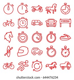 Race icons set. set of 25 race outline icons such as horse, toy car, car, stopwatch, bicycle, running, helmet, jet ski, motorbike, rowing