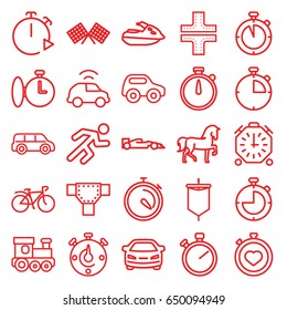 Race icons set. set of 25 race outline icons such as horse, road, toy car, train toy, car, stopwatch, bicycle, running, sail, finish flag, jet ski
