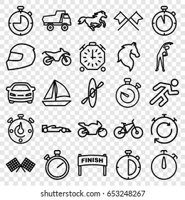 Race icons set. set of 25 race outline icons such as horse, toy car, exercising, car, running, stopwatch, finish flag, helmet, bicycle, motorbike, sport car, rowing, sailboat