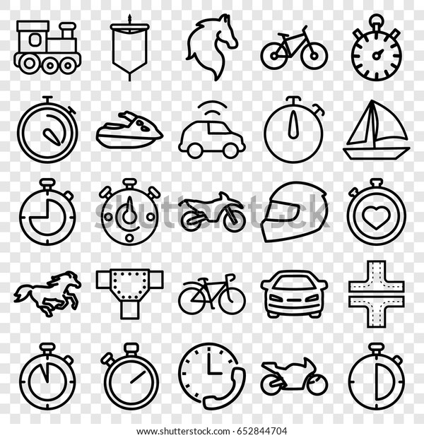 Race icons set. set of 25 race outline icons\
such as horse, road, train toy, car, stopwatch, bicycle, sail,\
helmet, jet ski,\
motorbike