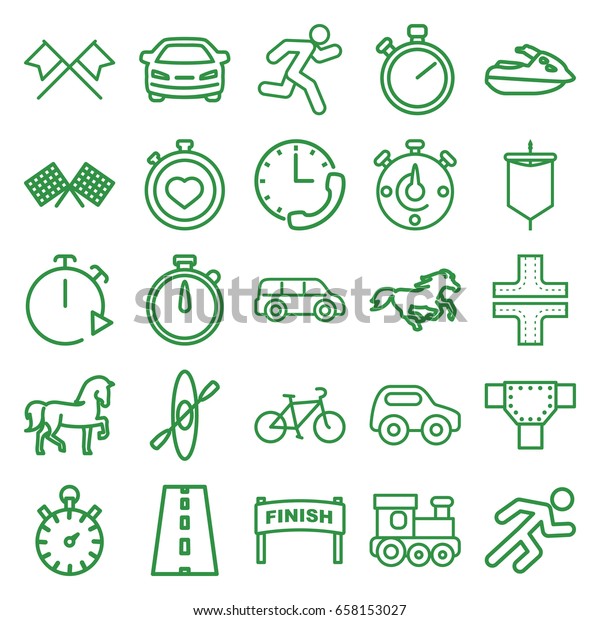 Race icons set. set\
of 25 race outline icons such as horse, road, toy car, train toy,\
car, stopwatch, running, bicycle, sail, finish flag, jet ski,\
rowing, crossed flags