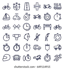 Race icons set. set of 36 race outline icons such as horse, road, toy car, train toy, exercising, car, stopwatch, bicycle, running, sail, helmet, motorbike, rowing, sailboat