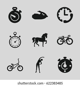 Race icons set. set of 9 race filled icons such as horse, exercising, bicycle, stopwatch