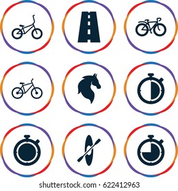 Race icons set. set of 9 race filled icons such as horse, bicycle, road, rowing