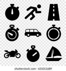 Race icons set. set of 9 race filled icons such as sailboat, road, running, stopwatch, motorbike