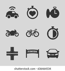 Race icons set. set of 9 race filled icons such as road, car, stopwatch, bicycle, motorbike